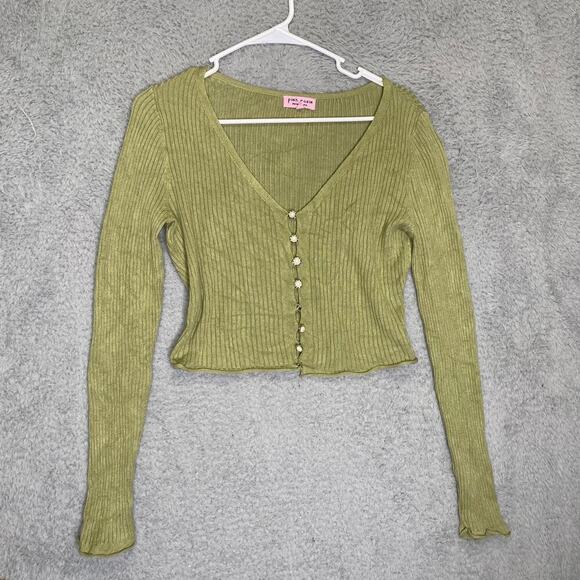 Pink Robin womens S green cropped cardagain Y2K pearl buttons ribbed stretch - Picture 1 of 8